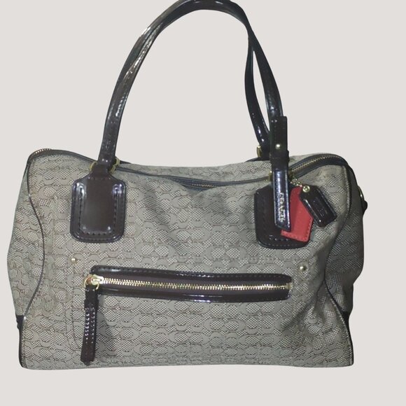 Coach Poppy Signature Handbag Satchel Oxford Khaki Mahogany Patent Leather Trim - Picture 11 of 16